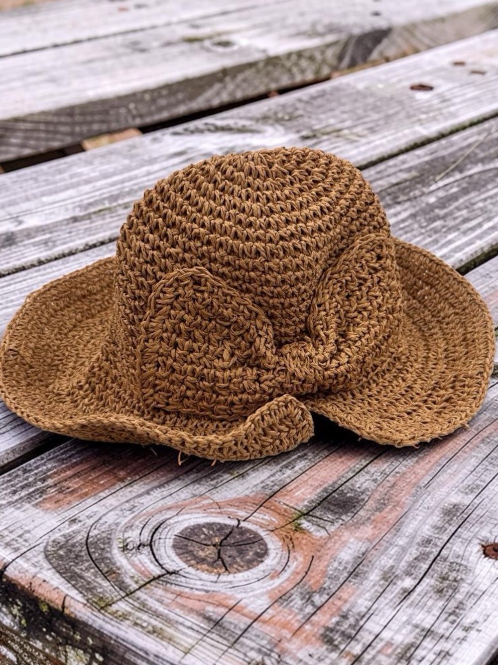 Brown Crochet Floppy Sun Hat with Bow Accent